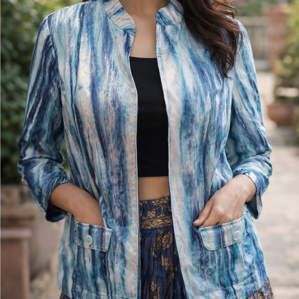 Chico's Blue and White Striped Jacket.Dry Clean